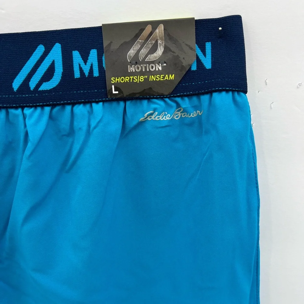 EDDIE BOUER LARGE GYM SHORTS BLUE MOTION TO MOVE, 4 WAY STRETCH MOISTURE WICKING